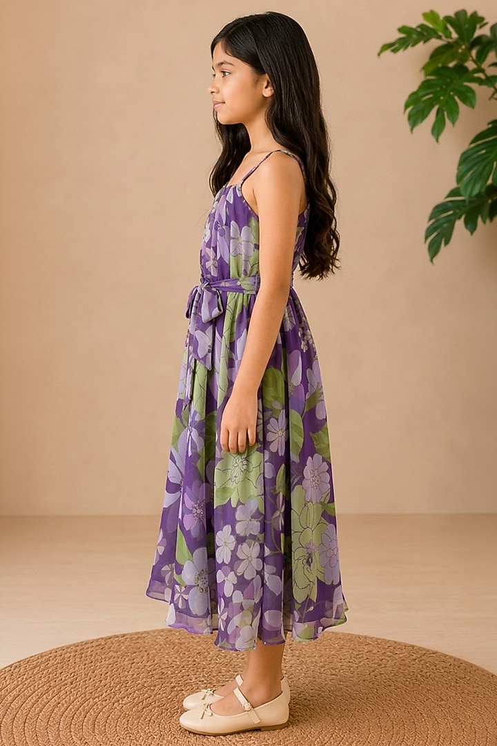 Purple Recycled Chiffon Floral Printed Midi Dress For Girls by AROOP SHOP INDIA KIDS at Pernia's Pop Up Shop