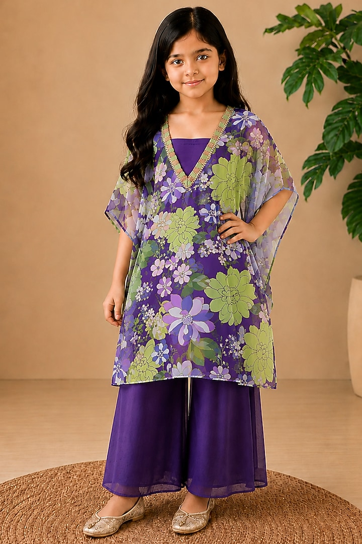 Purple Recycled Chiffon Floral Embellished Kaftan Set For Girls by AROOP SHOP INDIA KIDS at Pernia's Pop Up Shop