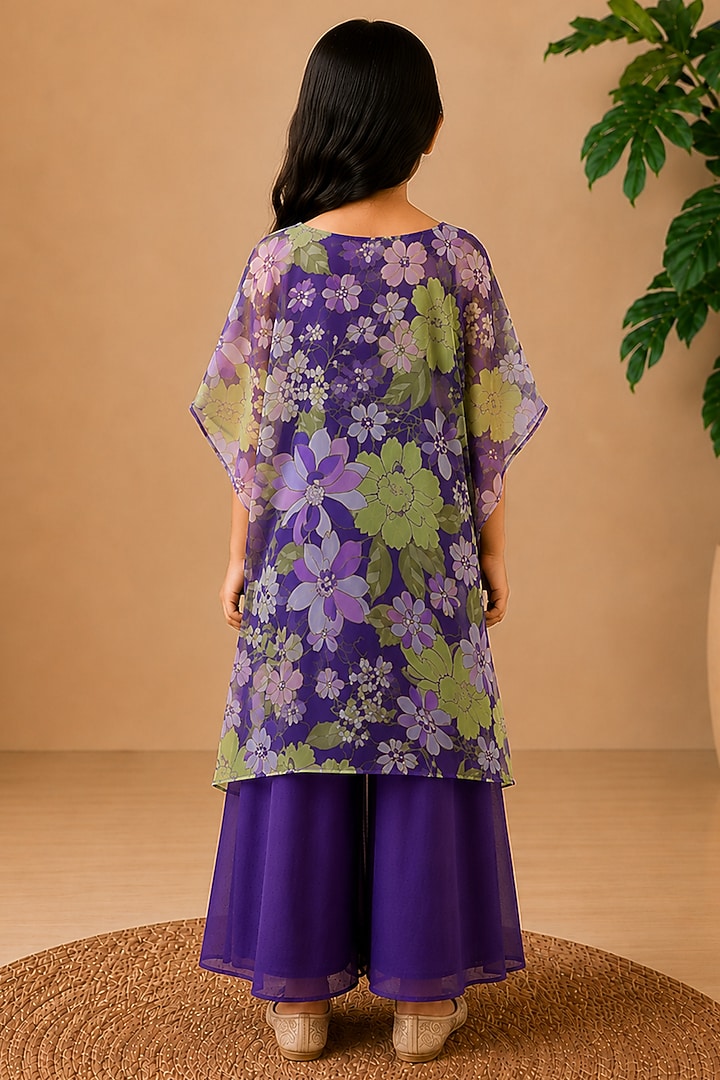 Purple Recycled Chiffon Floral Embellished Kaftan Set For Girls by AROOP SHOP INDIA KIDS at Pernia's Pop Up Shop