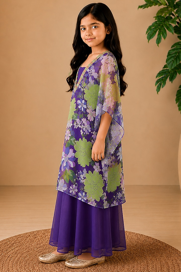 Purple Recycled Chiffon Floral Embellished Kaftan Set For Girls by AROOP SHOP INDIA KIDS at Pernia's Pop Up Shop