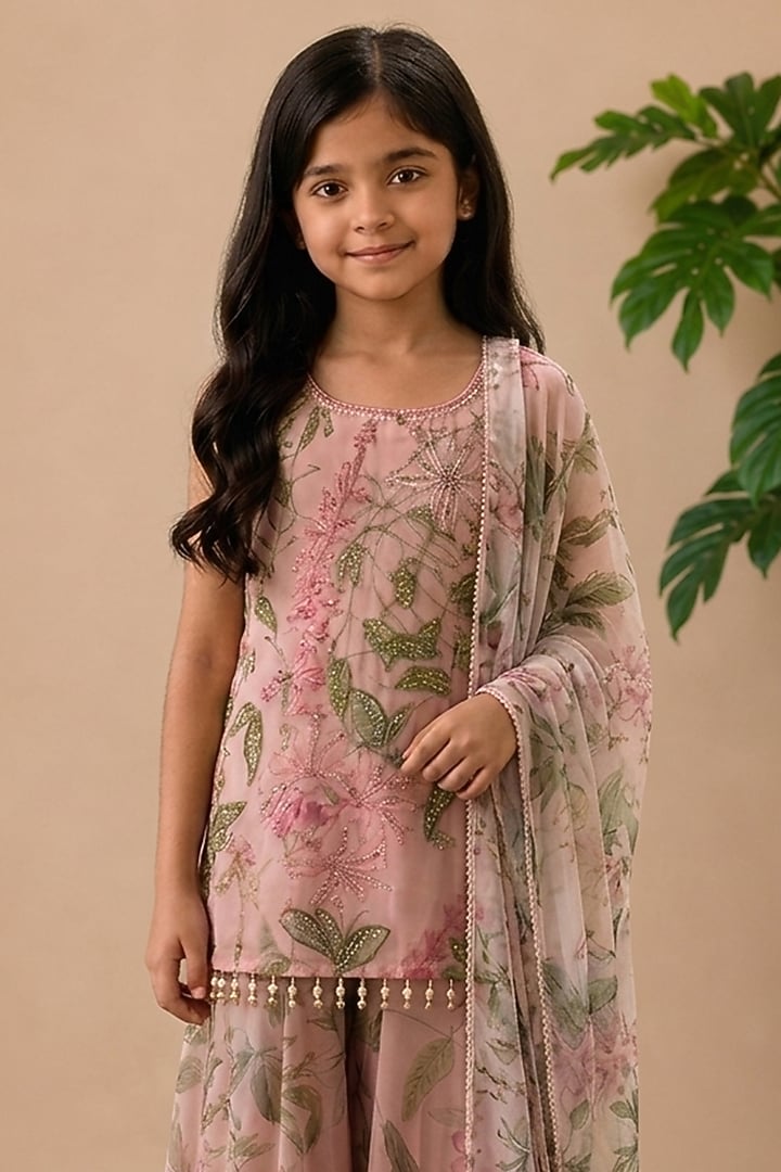 Pink Recycled Chiffon Floral Embroidered Kurta Set For Girls by AROOP SHOP INDIA KIDS at Pernia's Pop Up Shop
