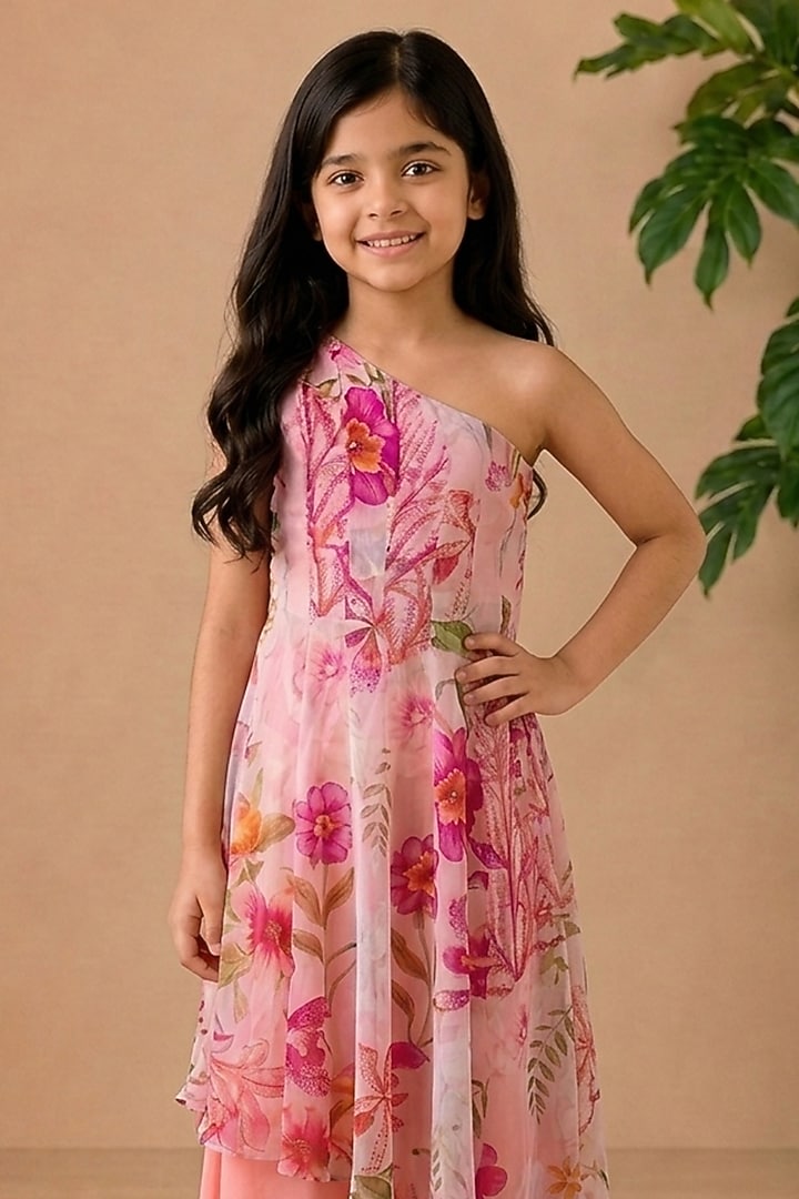 Pink Recycled Chiffon Palazzo Set For Girls by AROOP SHOP INDIA KIDS at Pernia's Pop Up Shop