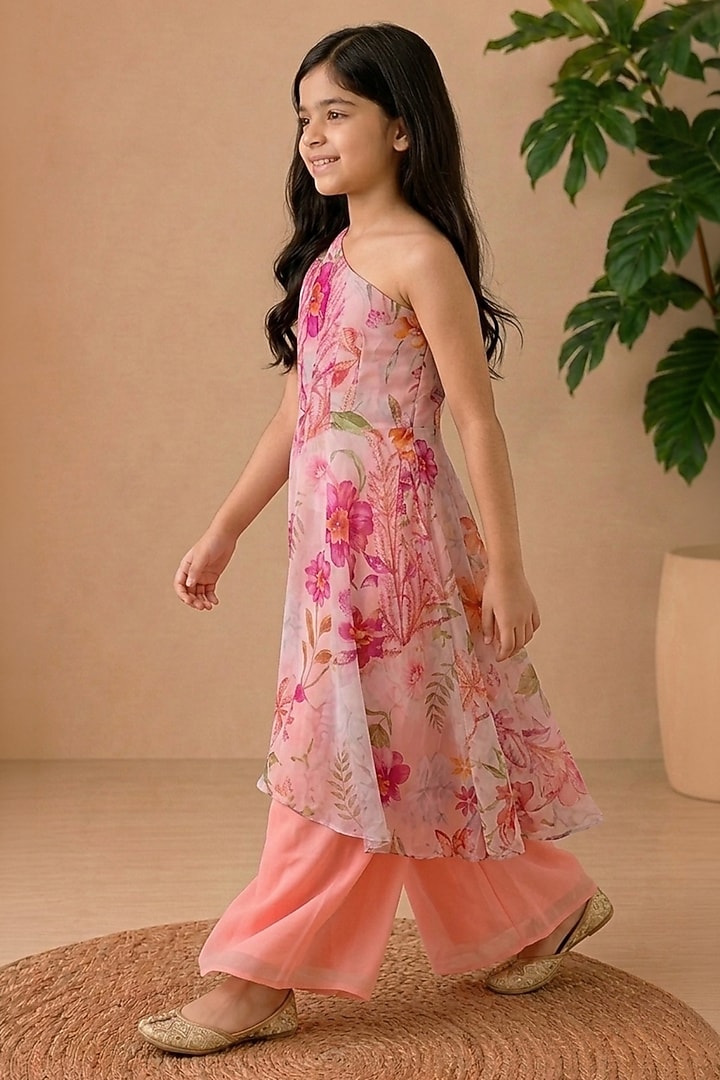 Pink Recycled Chiffon Palazzo Set For Girls by AROOP SHOP INDIA KIDS at Pernia's Pop Up Shop