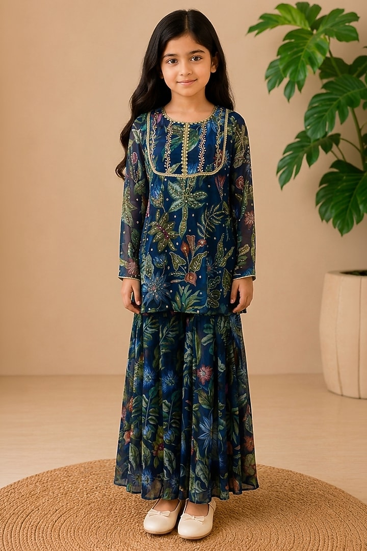 Navy Blue Recycled Chiffon Floral Printed Sharara Set For Girls by AROOP SHOP INDIA KIDS at Pernia's Pop Up Shop