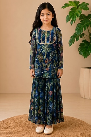 Navy Blue Recycled Chiffon Floral Printed Sharara Set For Girls by AROOP SHOP INDIA KIDS