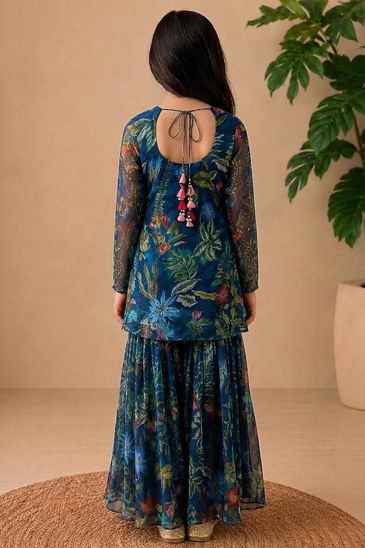 Navy Blue Recycled Chiffon Floral Printed Sharara Set For Girls by AROOP SHOP INDIA KIDS at Pernia's Pop Up Shop
