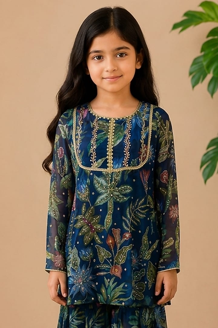 Navy Blue Recycled Chiffon Floral Printed Sharara Set For Girls by AROOP SHOP INDIA KIDS at Pernia's Pop Up Shop