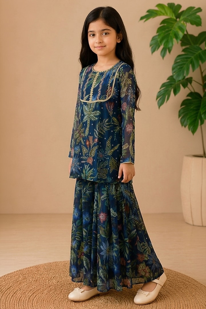 Navy Blue Recycled Chiffon Floral Printed Sharara Set For Girls by AROOP SHOP INDIA KIDS at Pernia's Pop Up Shop