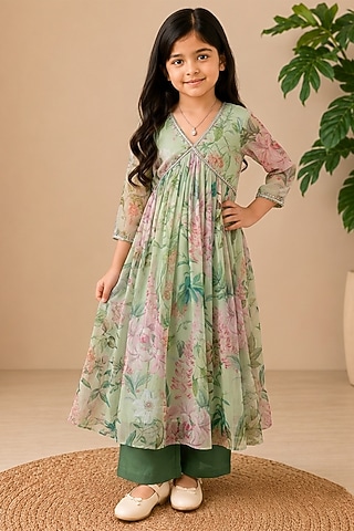 Green Recycled Chiffon Floral Embroidered Anarkali Set For Girls by AROOP SHOP INDIA KIDS