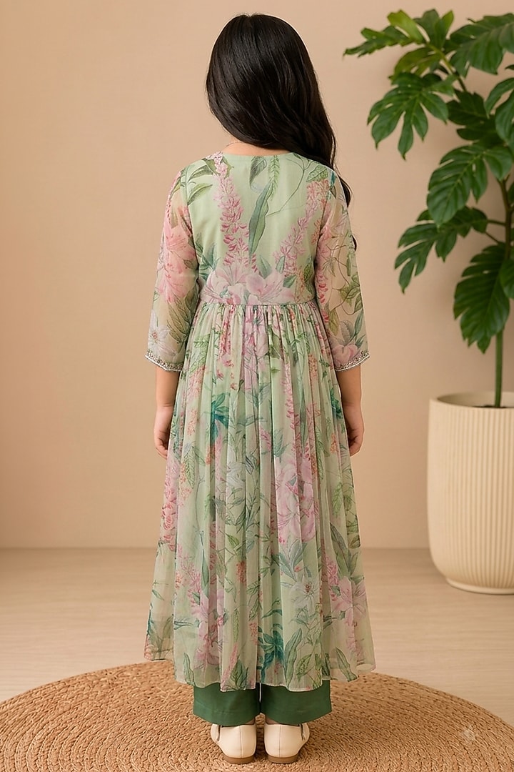 Green Recycled Chiffon Floral Embroidered Anarkali Set For Girls by AROOP SHOP INDIA KIDS at Pernia's Pop Up Shop