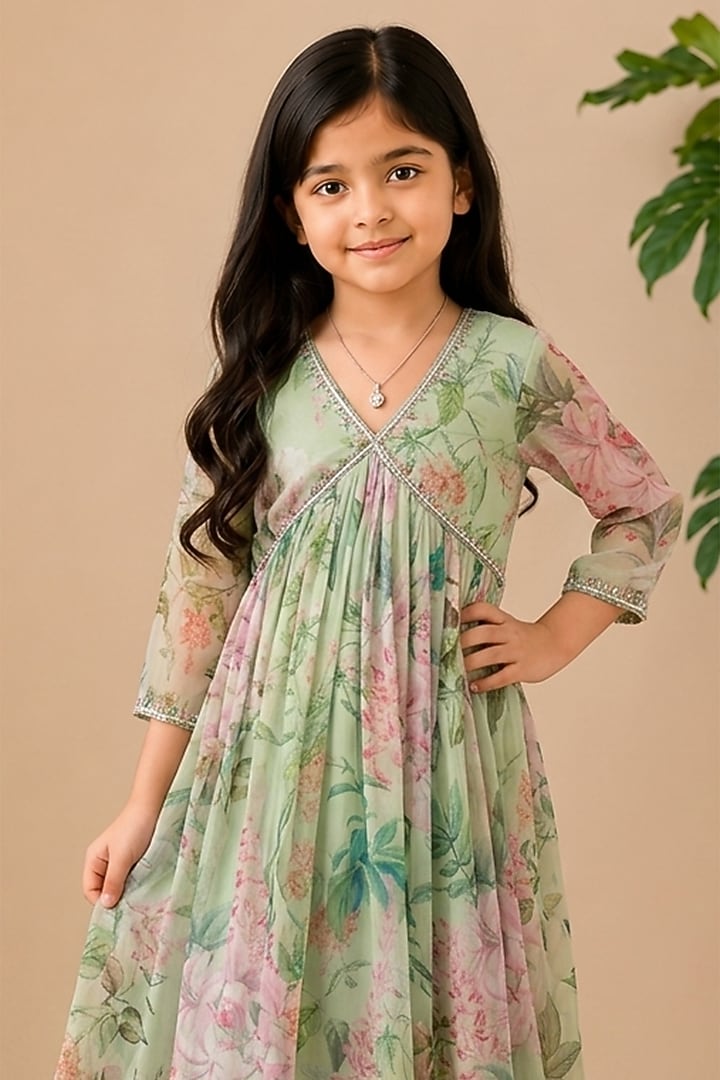 Green Recycled Chiffon Floral Embroidered Anarkali Set For Girls by AROOP SHOP INDIA KIDS at Pernia's Pop Up Shop