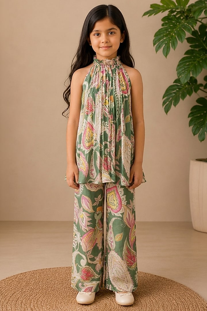 Green Recycled Chiffon Printed Co-Ord Set For Girls by AROOP SHOP INDIA KIDS at Pernia's Pop Up Shop