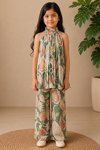 Green Recycled Chiffon Printed Co-Ord Set For Girls by AROOP SHOP INDIA KIDS