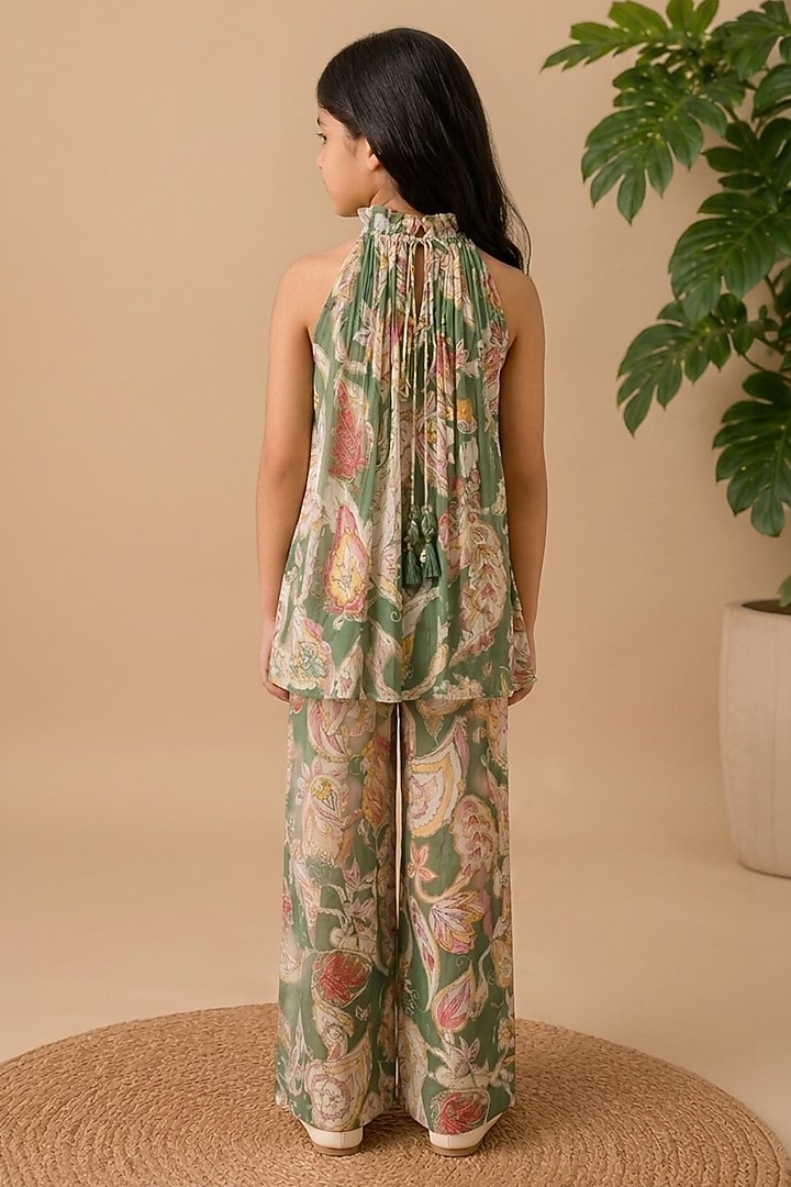 Green Recycled Chiffon Printed Co-Ord Set For Girls by AROOP SHOP INDIA KIDS at Pernia's Pop Up Shop
