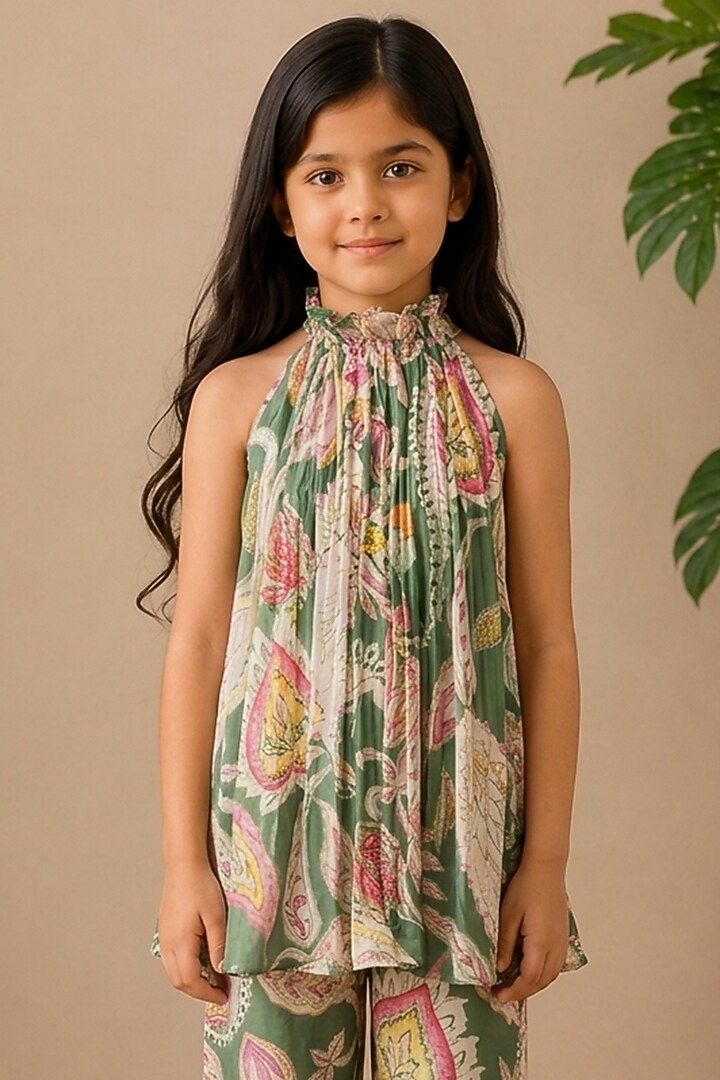 Green Recycled Chiffon Printed Co-Ord Set For Girls by AROOP SHOP INDIA KIDS at Pernia's Pop Up Shop