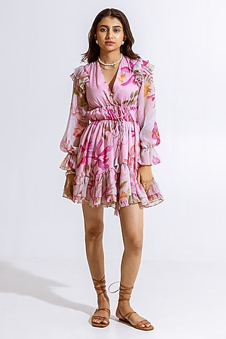 Pink Recycled Chiffon Floral Printed Mini Dress by AROOP SHOP INDIA