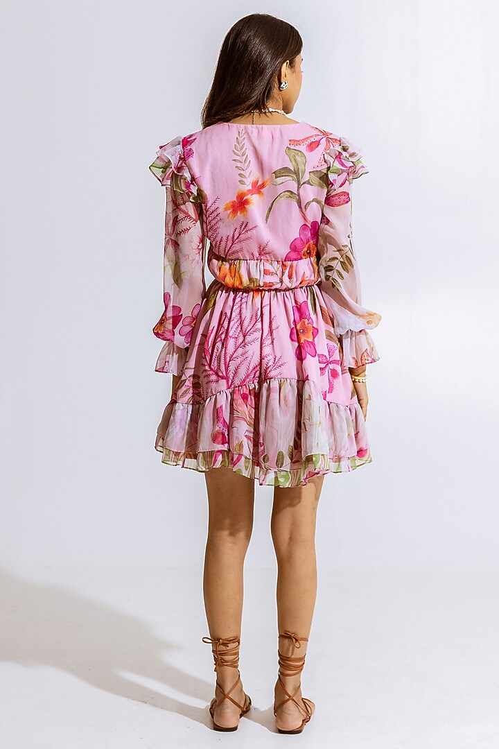 Pink Recycled Chiffon Floral Printed Mini Summer Dress by AROOP SHOP INDIA at Pernia's Pop Up Shop
