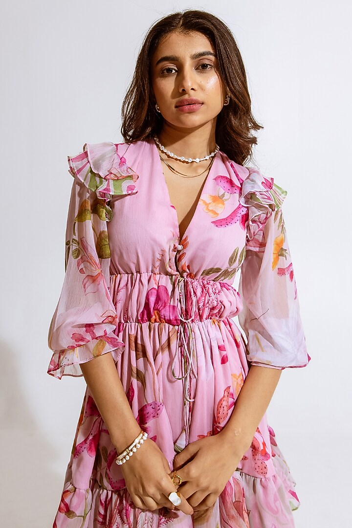 Pink Recycled Chiffon Floral Printed Mini Summer Dress by AROOP SHOP INDIA at Pernia's Pop Up Shop