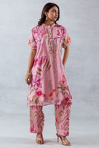 Pink Recycled Chiffon Floral Printed & Hand Embroidered Kurta Set by AROOP SHOP INDIA