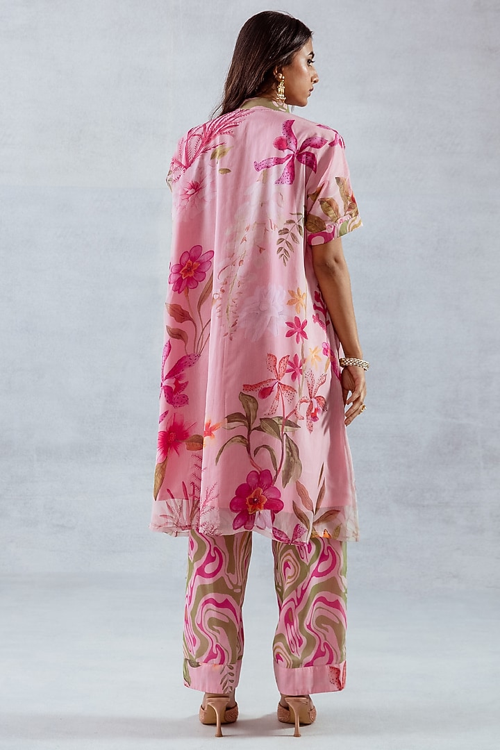 Pink Recycled Chiffon Floral Printed & Hand Embroidered Kurta Set by AROOP SHOP INDIA at Pernia's Pop Up Shop