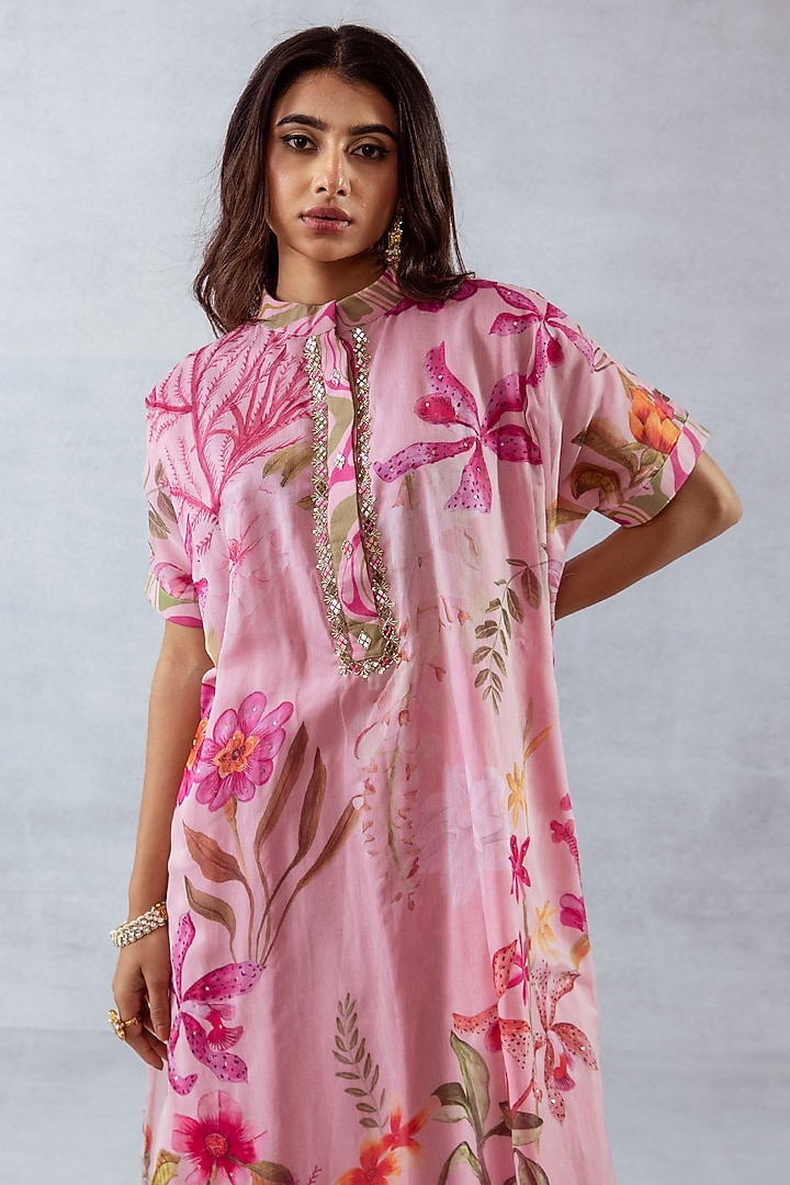 Pink Recycled Chiffon Floral Printed & Hand Embroidered Kurta Set by AROOP SHOP INDIA at Pernia's Pop Up Shop