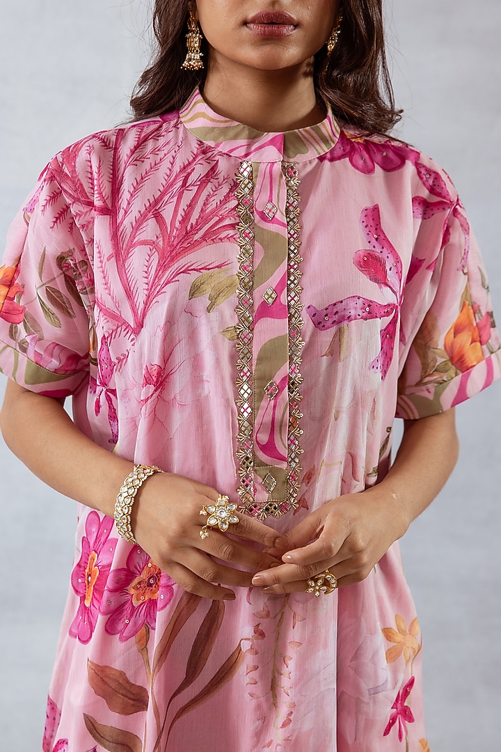 Pink Recycled Chiffon Floral Printed & Hand Embroidered Kurta Set by AROOP SHOP INDIA at Pernia's Pop Up Shop