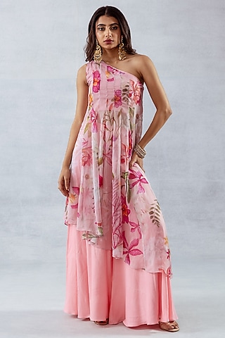 Pink Recycled Chiffon Flared Pant Set by AROOP SHOP INDIA