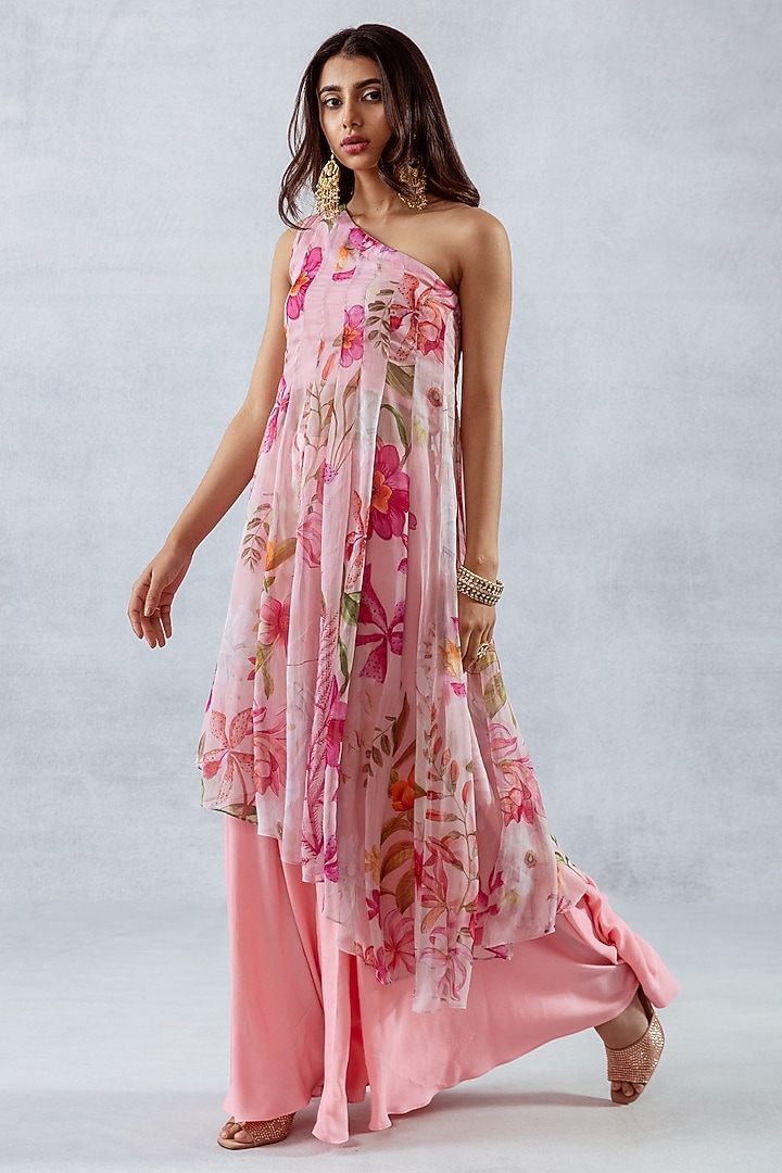Pink Recycled Chiffon Flared Pant Set by AROOP SHOP INDIA at Pernia's Pop Up Shop