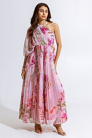 Pink Recycled Chiffon Floral Printed One-Shoulder Maxi Dress by AROOP SHOP INDIA