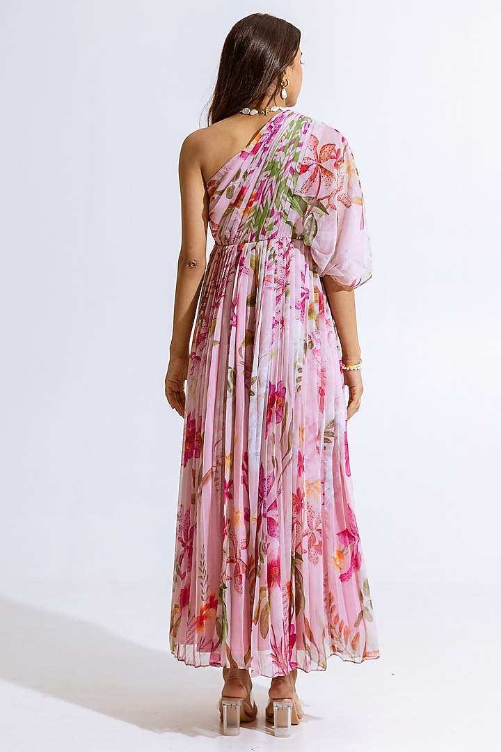Pink Recycled Chiffon Floral Printed One-Shoulder Maxi Summer Dress by AROOP SHOP INDIA at Pernia's Pop Up Shop