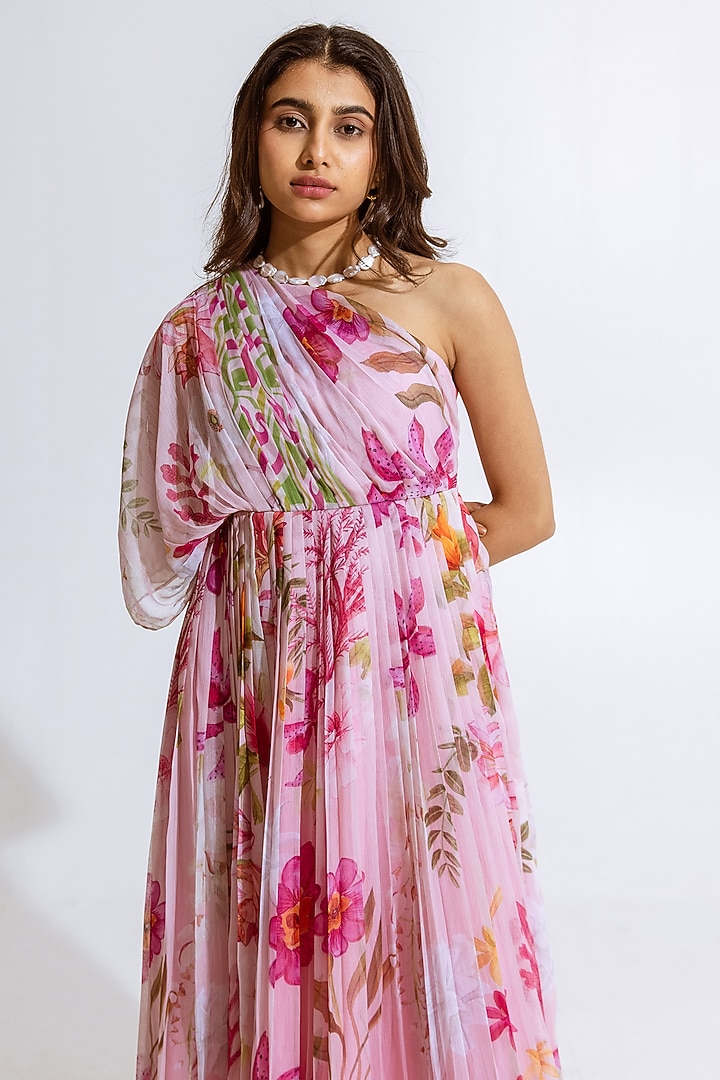 Pink Recycled Chiffon Floral Printed One-Shoulder Maxi Summer Dress by AROOP SHOP INDIA at Pernia's Pop Up Shop