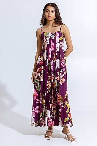 Purple Moss Floral Printed Maxi Dress by AROOP SHOP INDIA