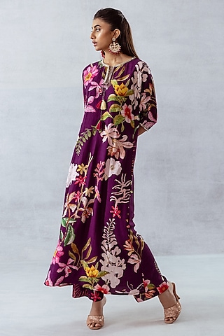 Purple Moss Floral Printed & Hand Embroidered Kurta Set by AROOP SHOP INDIA