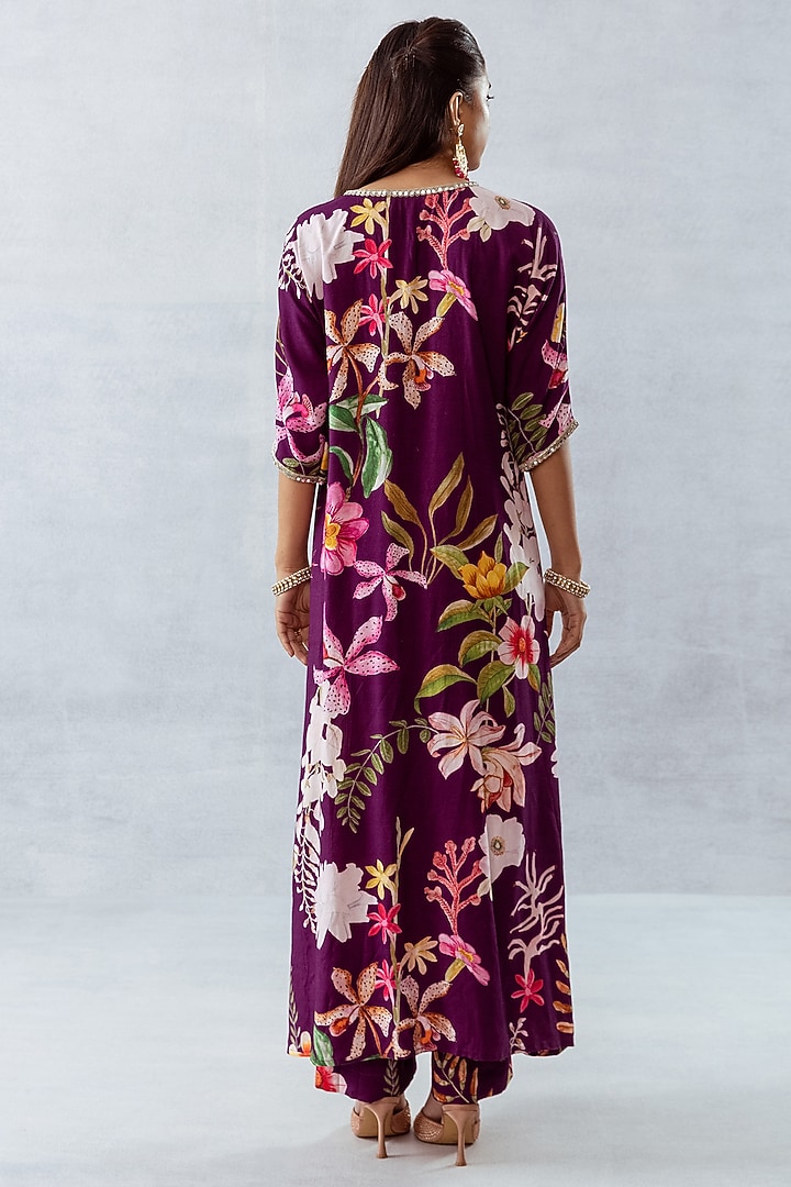 Purple Moss Floral Printed & Hand Embroidered Kurta Set by AROOP SHOP INDIA at Pernia's Pop Up Shop