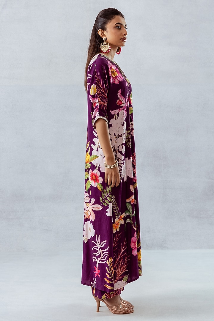 Purple Moss Floral Printed & Hand Embroidered Kurta Set by AROOP SHOP INDIA at Pernia's Pop Up Shop