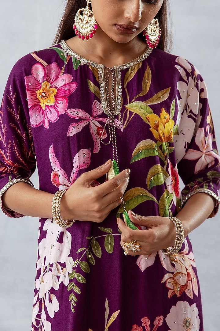 Purple Moss Floral Printed & Hand Embroidered Kurta Set by AROOP SHOP INDIA at Pernia's Pop Up Shop