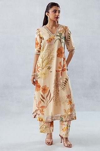 Beige Recycled Chiffon Floral Printed Kurta Set by AROOP SHOP INDIA