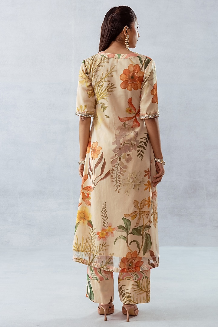 Beige Recycled Chiffon Floral Printed Kurta Set by AROOP SHOP INDIA at Pernia's Pop Up Shop
