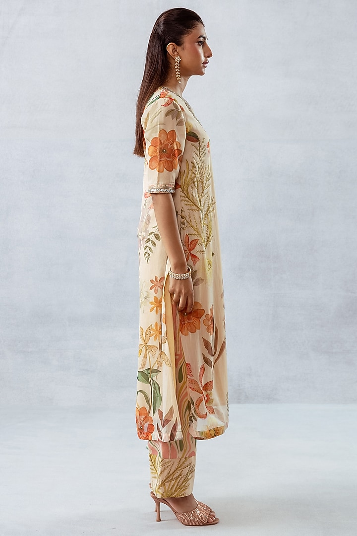 Beige Recycled Chiffon Floral Printed Kurta Set by AROOP SHOP INDIA at Pernia's Pop Up Shop