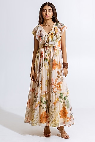 Beige Recycled Chiffon Floral Printed Maxi Dress by AROOP SHOP INDIA