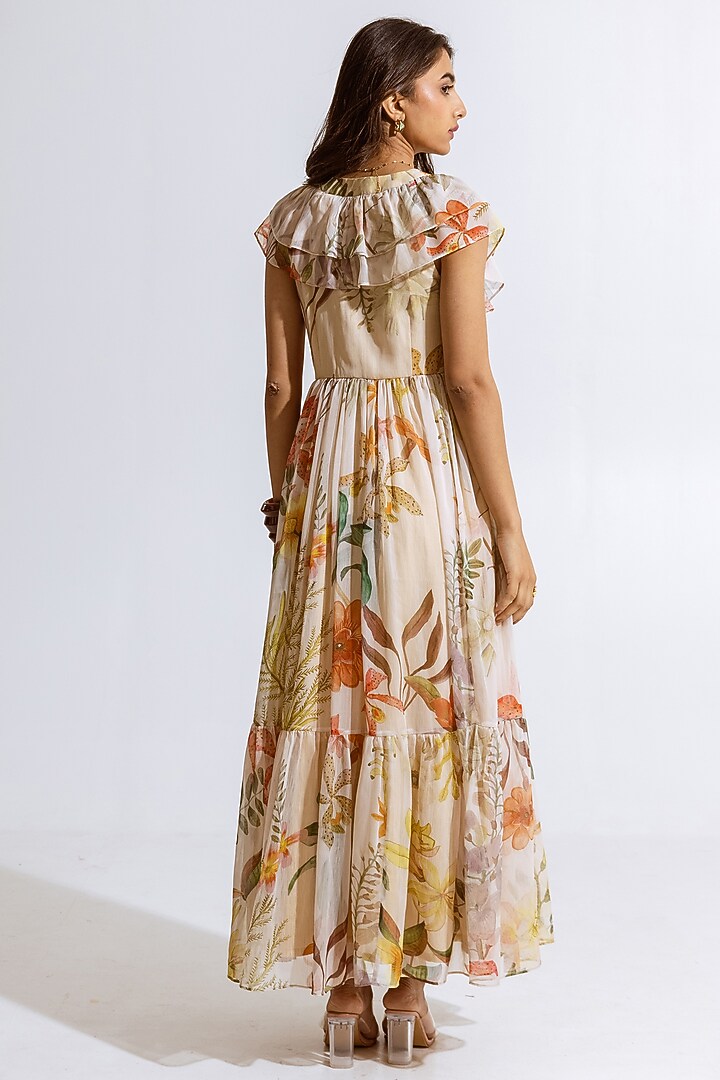 Beige Recycled Chiffon Floral Printed Maxi Summer Dress by AROOP SHOP INDIA at Pernia's Pop Up Shop