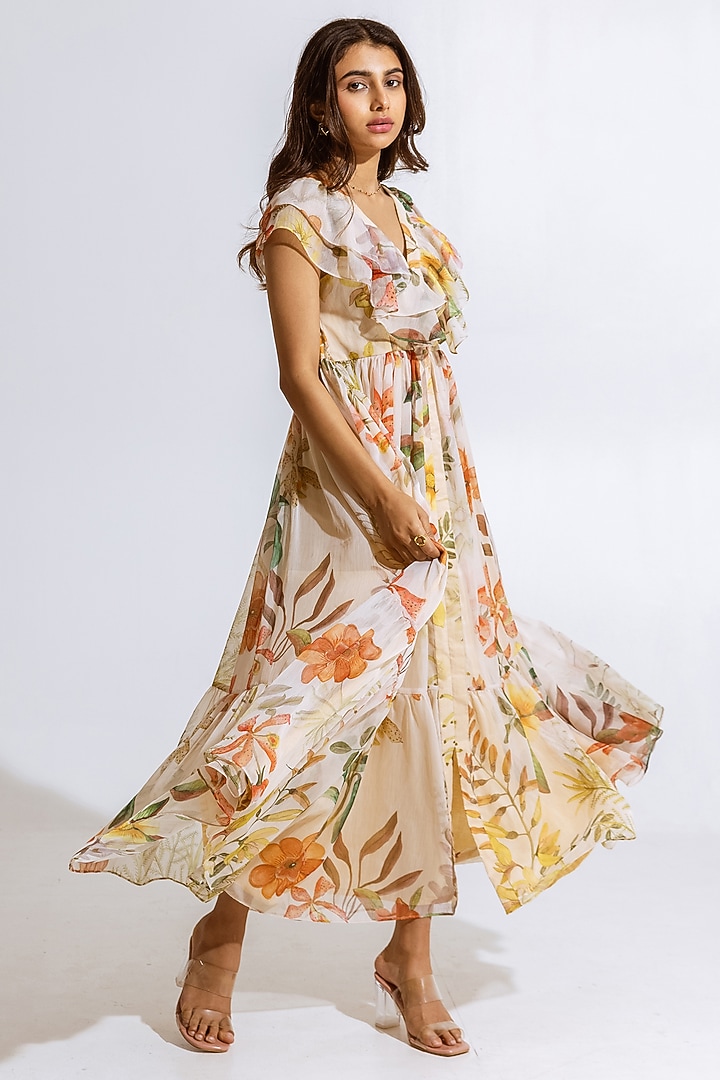 Beige Recycled Chiffon Floral Printed Maxi Summer Dress by AROOP SHOP INDIA at Pernia's Pop Up Shop