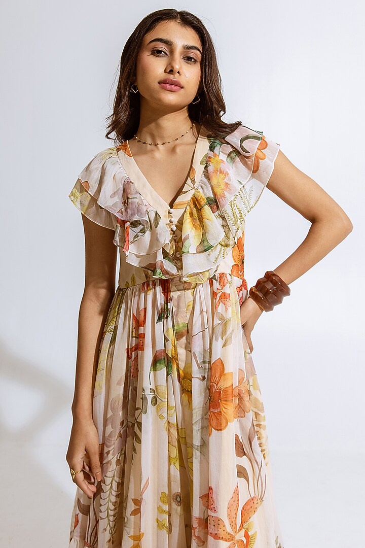 Beige Recycled Chiffon Floral Printed Maxi Summer Dress by AROOP SHOP INDIA at Pernia's Pop Up Shop
