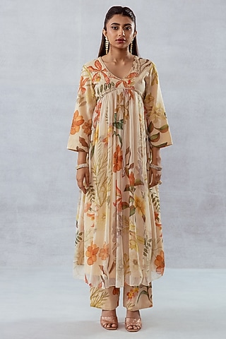 Beige Recycled Chiffon Floral Printed & Hand Embroidered Kurta Set by AROOP SHOP INDIA