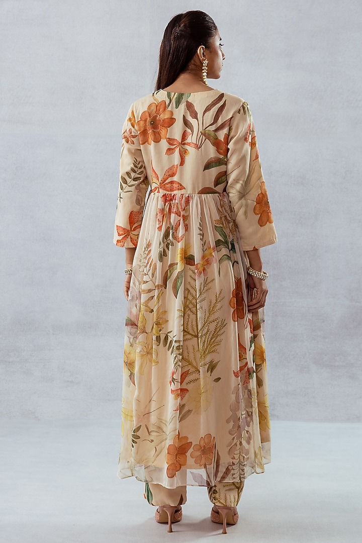 Beige Recycled Chiffon Floral Printed & Hand Embroidered Kurta Set by AROOP SHOP INDIA at Pernia's Pop Up Shop