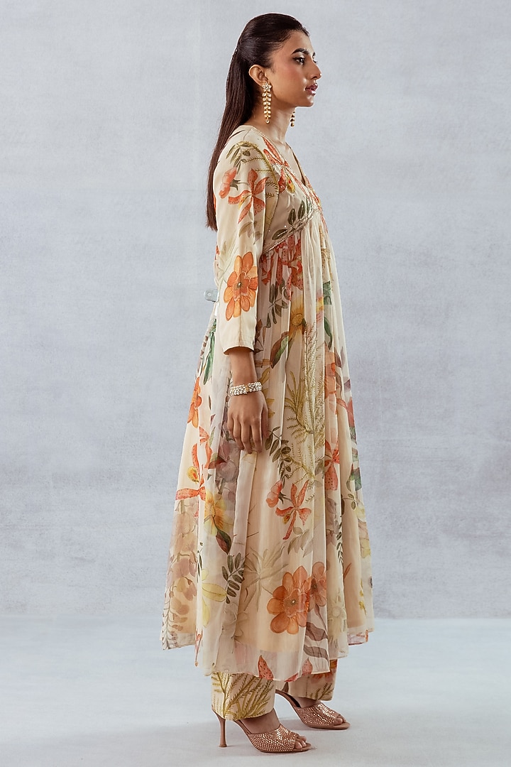 Beige Recycled Chiffon Floral Printed & Hand Embroidered Kurta Set by AROOP SHOP INDIA at Pernia's Pop Up Shop