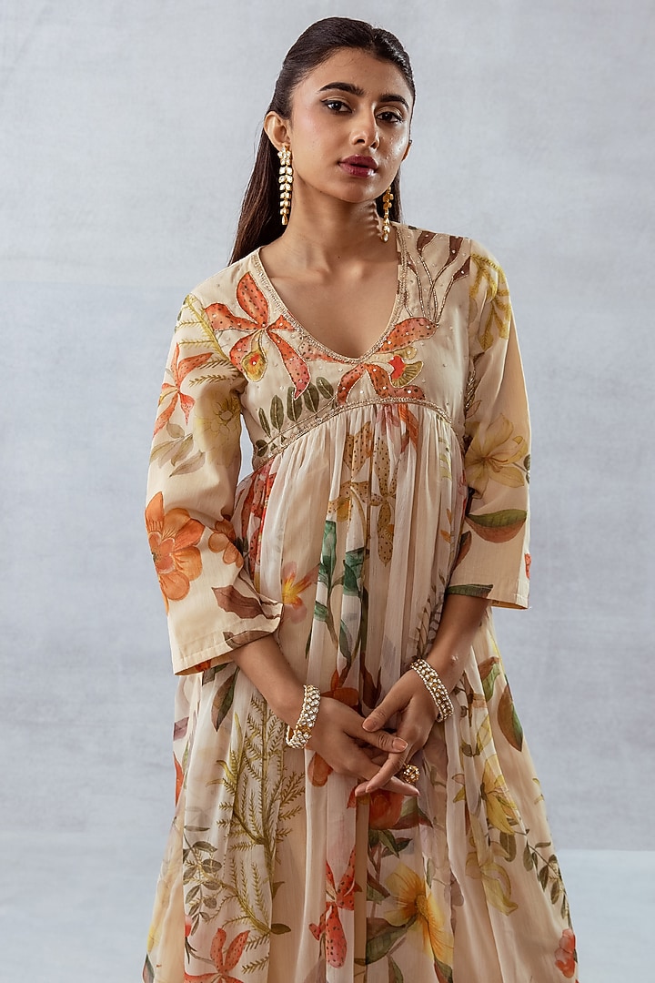 Beige Recycled Chiffon Floral Printed & Hand Embroidered Kurta Set by AROOP SHOP INDIA at Pernia's Pop Up Shop