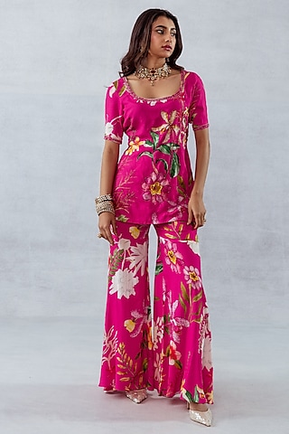 Pink Moss Floral Printed & Hand Embroidered Co-Ord Set by AROOP SHOP INDIA