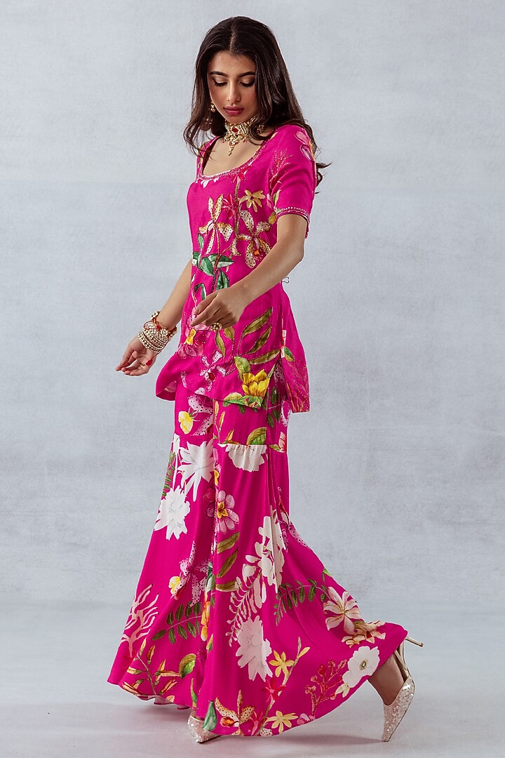 Pink Moss Floral Printed & Hand Embroidered Co-Ord Set by AROOP SHOP INDIA at Pernia's Pop Up Shop