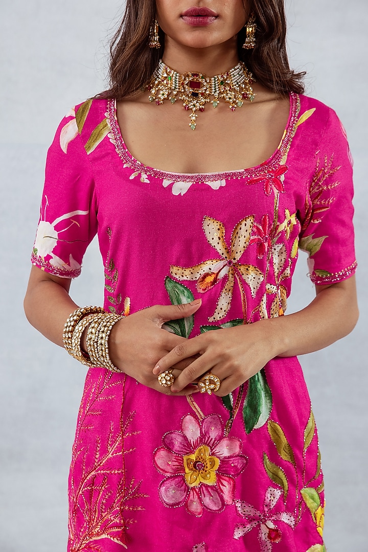 Pink Moss Floral Printed & Hand Embroidered Co-Ord Set by AROOP SHOP INDIA at Pernia's Pop Up Shop